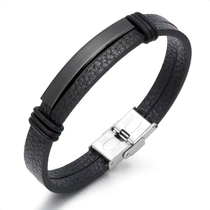 läderarmband med två remmar, svart färg och silver lås