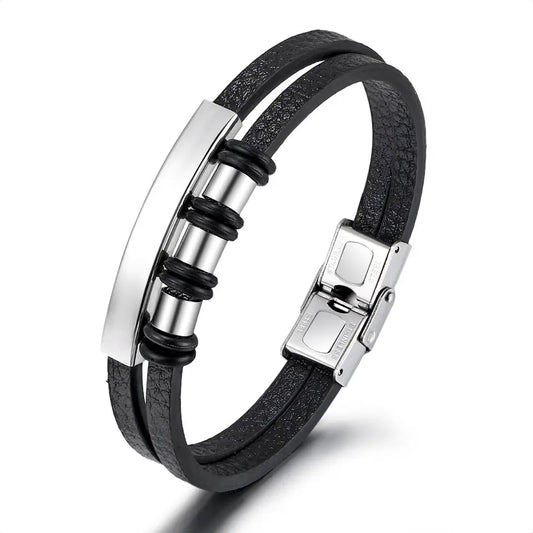 läderarmband i svart med två remmar, stål design och silver färg