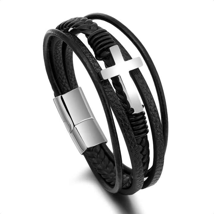 läderarmband med fem remmar i svart, ett silver kors och ett silver lås