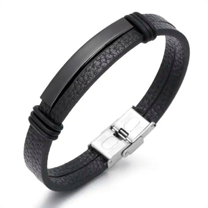 läderarmband med två remmar, svart färg och silver lås